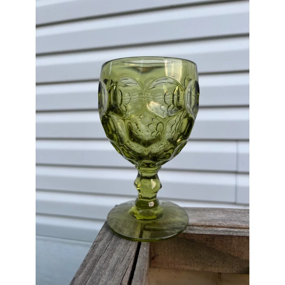 Imperial Glass Provincial Green Thumbprint Honeycomb Water Goblet 6 inch Vintage