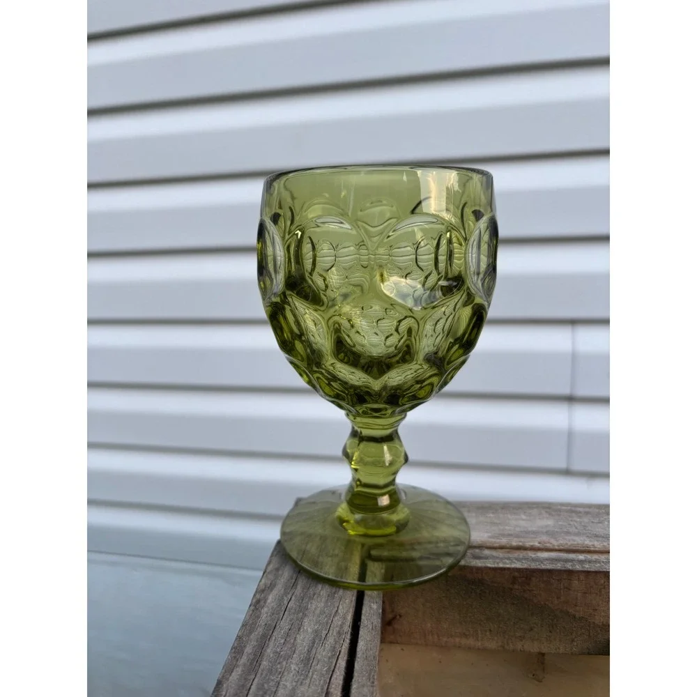 Imperial Glass Provincial Green Thumbprint Honeycomb Water Goblet 6 inch Vintage