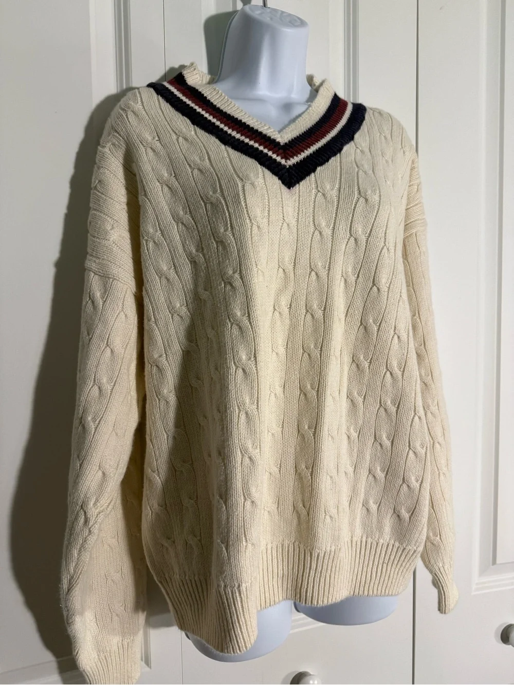 Classic Men's V-Neck Cable Knit Sweater in Cream with Navy & Maroon Trim