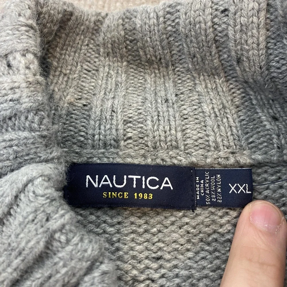 Nautica Sweater Mens 2XL Gray Mock‎ Neck Henley Button Knit Pullover Long Sleeve