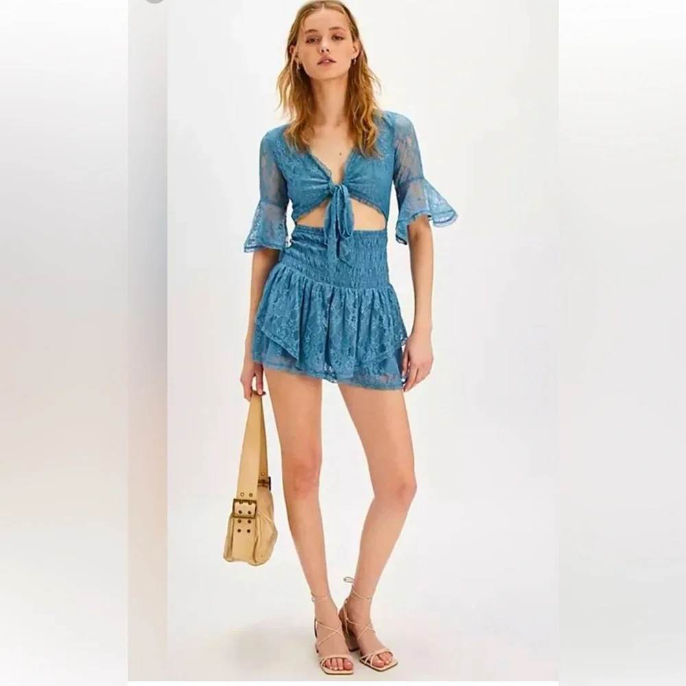 New! Free People Lala Lace Mini Dress Cutout Tie Front Blue size XS