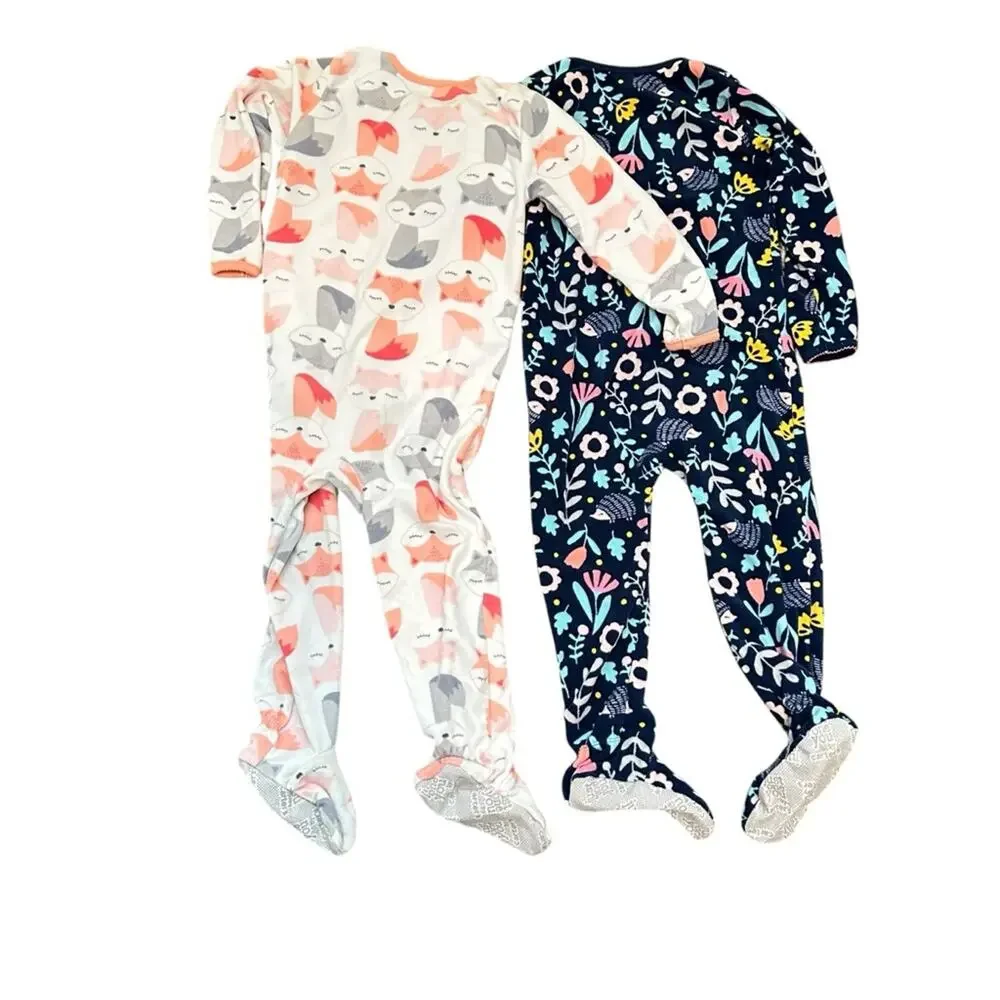 2 Pc Carter’s Footie Footed Pajamas Sz 3T Blue Pink Floral Fox Hedgehog
