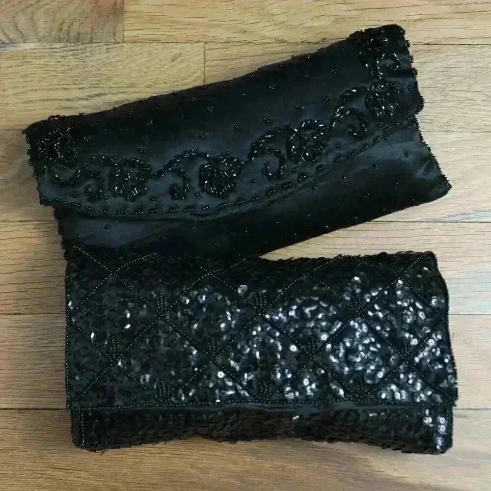 Set of 2 Vintage Black Bead and Sequin Formal Clutches Snap Closure Silky