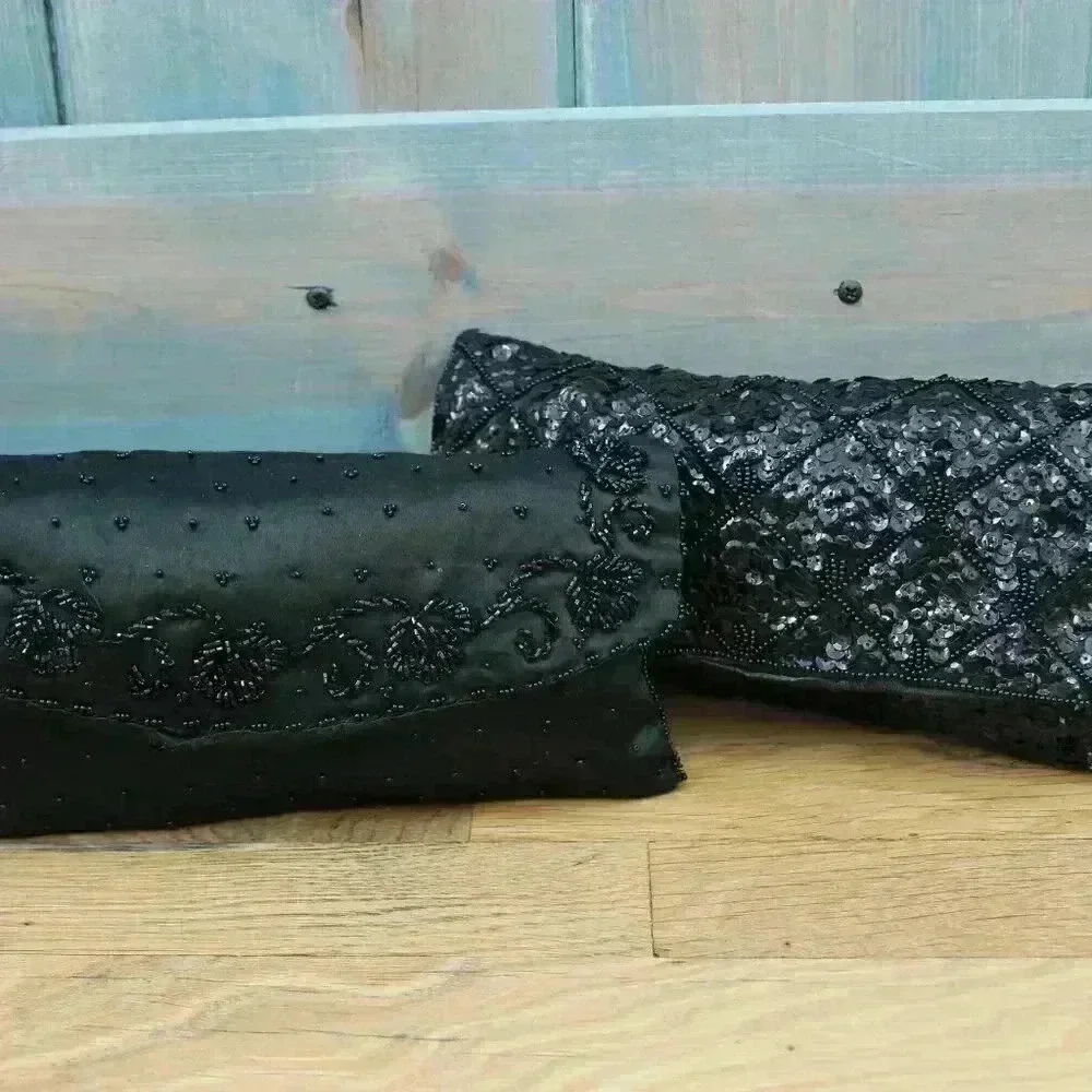 Set of 2 Vintage Black Bead and Sequin Formal Clutches Snap Closure Silky