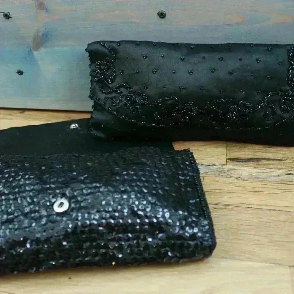 Set of 2 Vintage Black Bead and Sequin Formal Clutches Snap Closure Silky