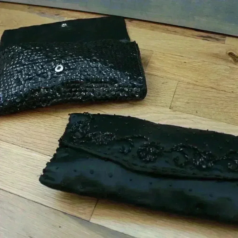 Set of 2 Vintage Black Bead and Sequin Formal Clutches Snap Closure Silky