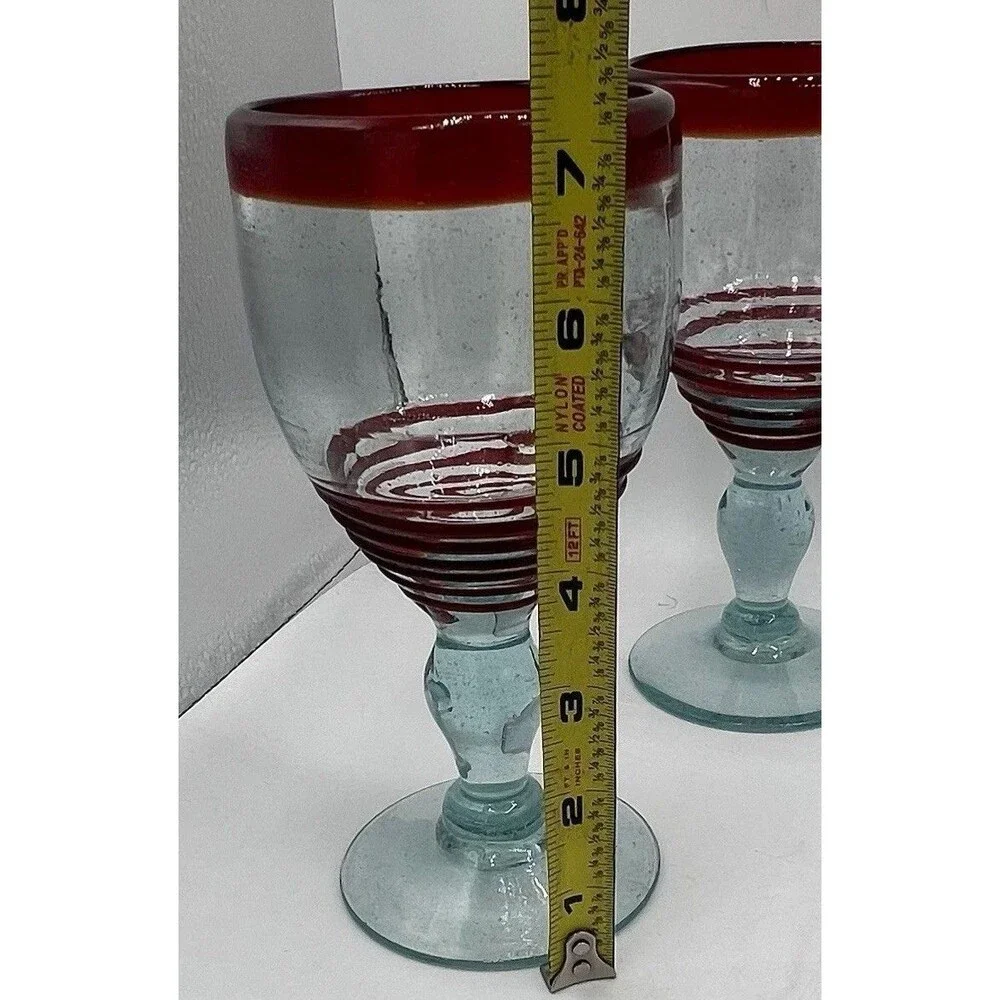 Mexican Hand Blown Art Glass Wine Goblets Set of 5 Red Rim Aqua Stem Swirl