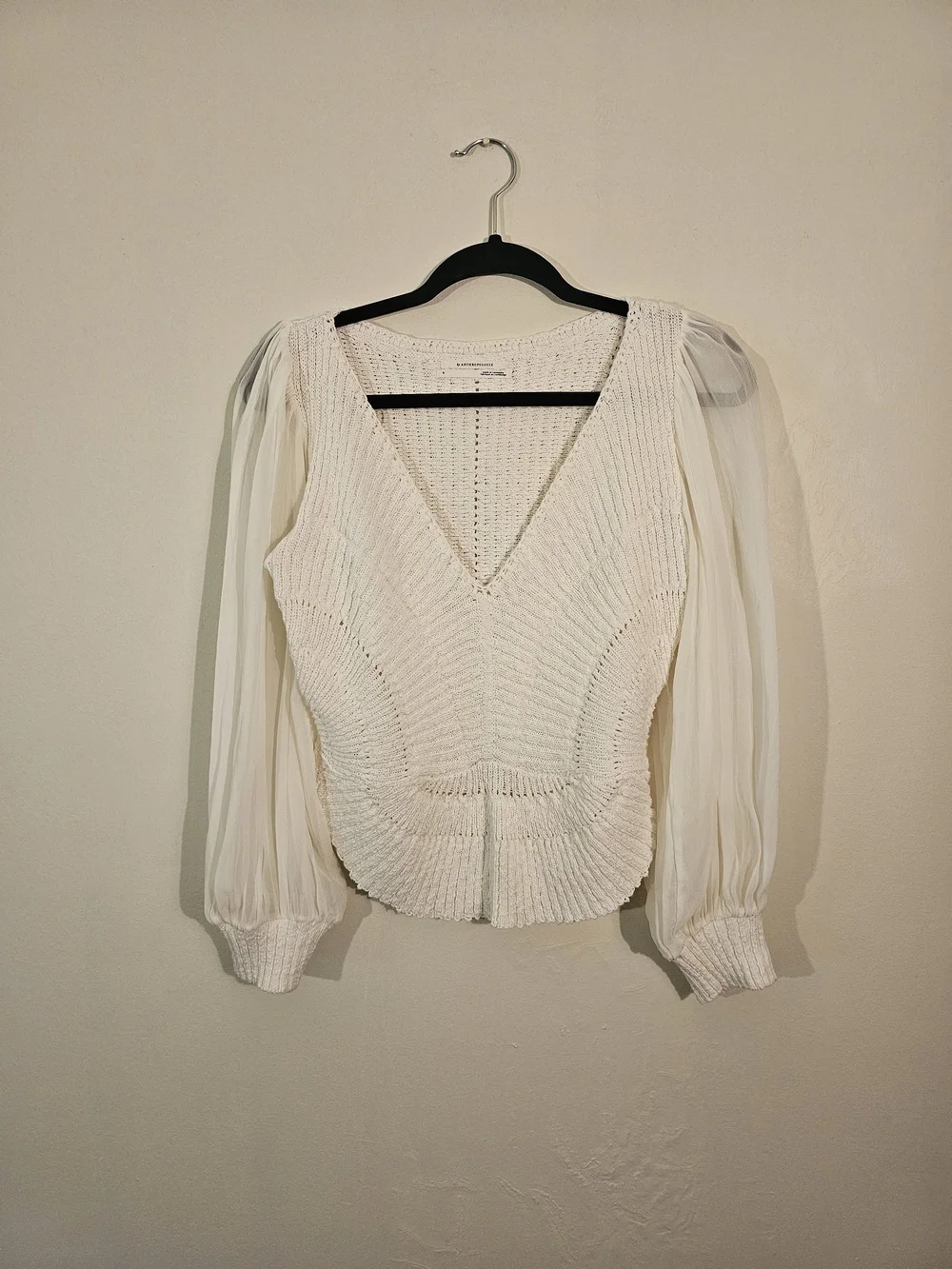 Anthropologie Cream V-Neck Knit Top with Sheer Puff Sleeves
