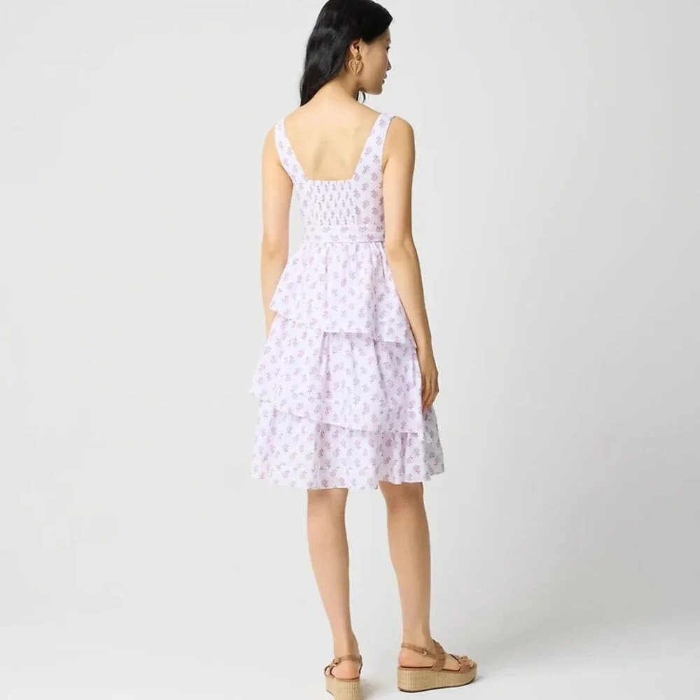J. Crew White Violet Storm Sleeveless Belted Tiered Dress Size 4 23385