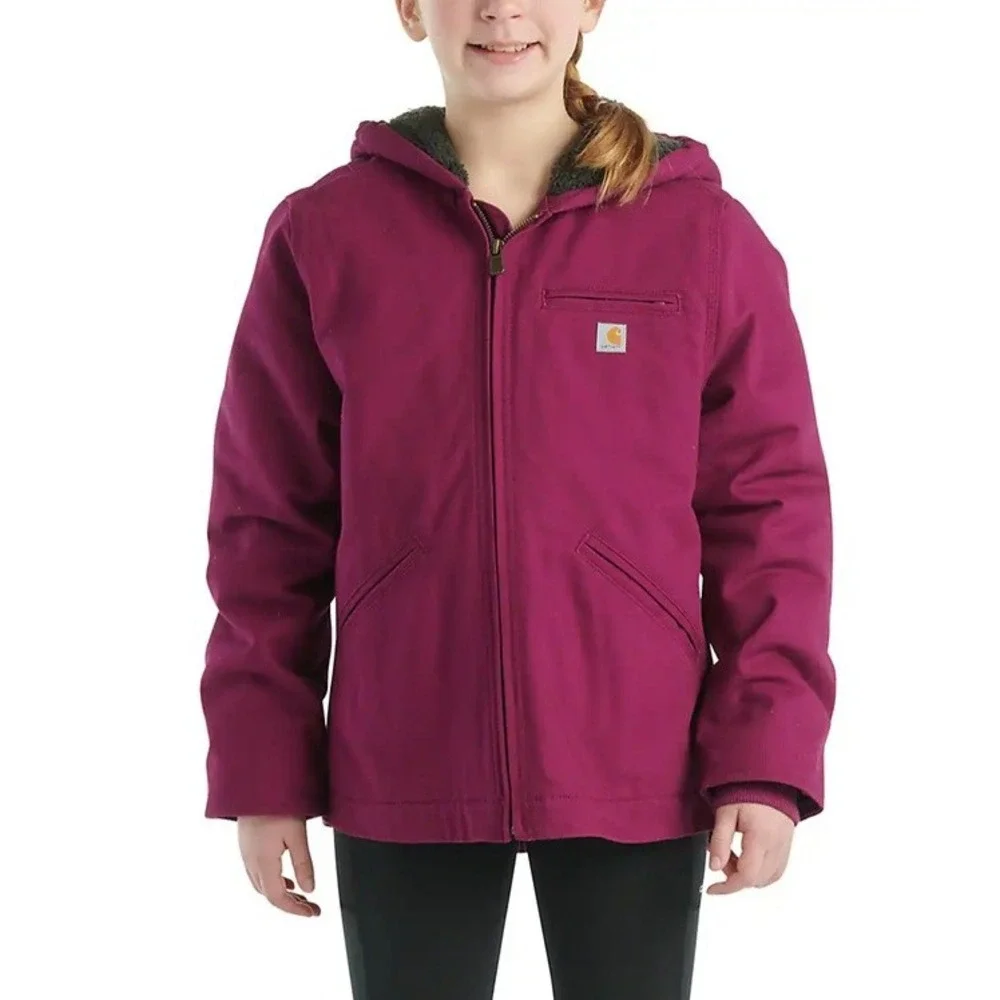 Carhartt Hooded Jacket Kids Size 14 Purple Sherpa Lined‎ Canvas Active Work Coat