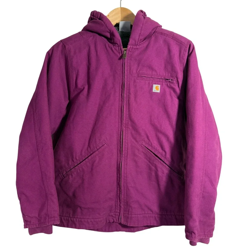 Carhartt Hooded Jacket Kids Size 14 Purple Sherpa Lined‎ Canvas Active Work Coat