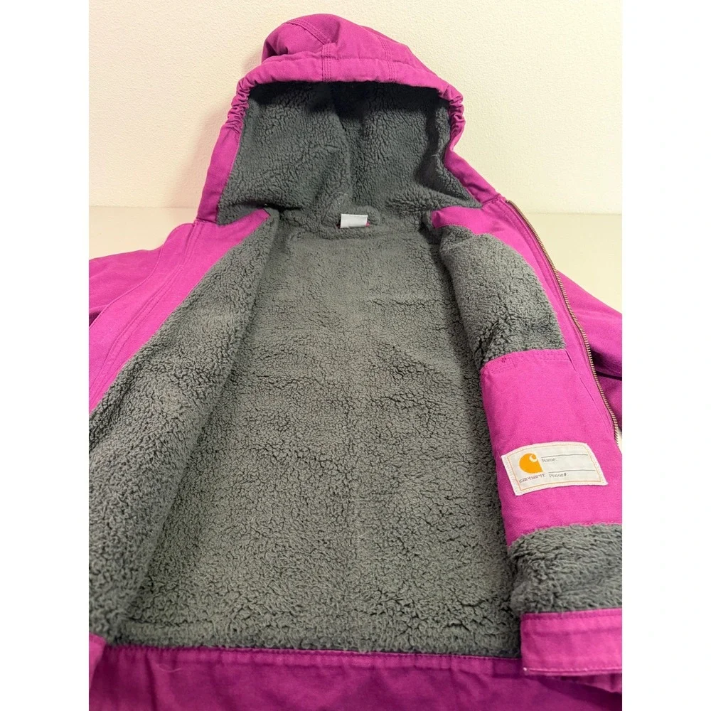 Carhartt Hooded Jacket Kids Size 14 Purple Sherpa Lined‎ Canvas Active Work Coat