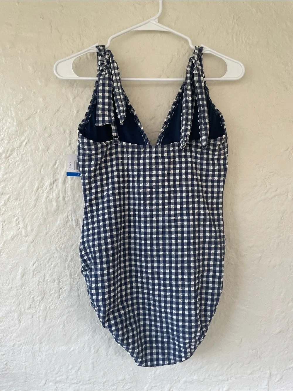 NWT Ellen Tracy navy blue gingham ruched one piece swimsuit, bow tie straps;  L