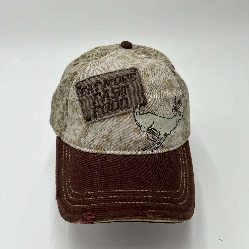 Eat‎ More Fast Food Deer Hunting Camo Trucker Hat Brown Distressed Snapback Cap
