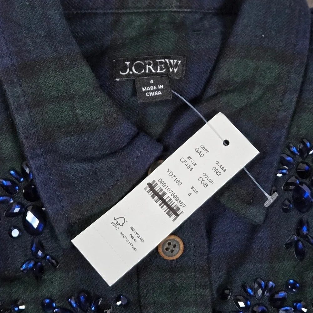 J. Crew Embellished shrunken button-up shirt tartan brushed cotton oxford 4 NWT‎