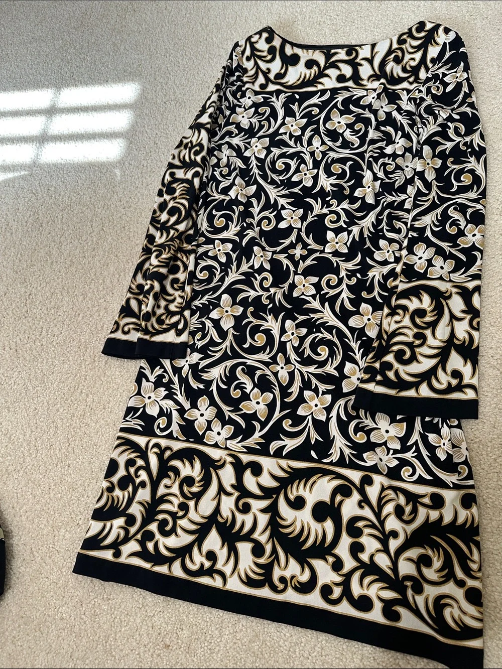Nicole Miller Black & Cream Floral Scroll Print Women’s dress with Bell sleeve
