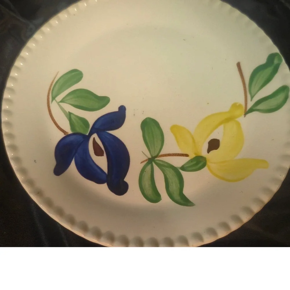 Vintage Hand Painted Floral Ceramic Bread Plate Scalloped Edge Blue Yellow 6.25