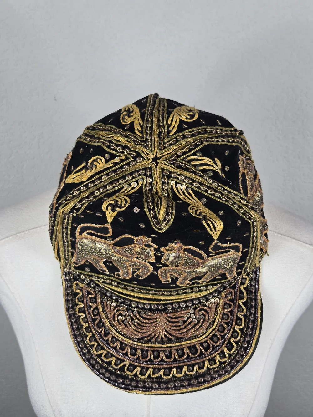 Vintage 80s Thai Velvet Embroidered Sequin Horse Equestrian Artisan Baseball Cap