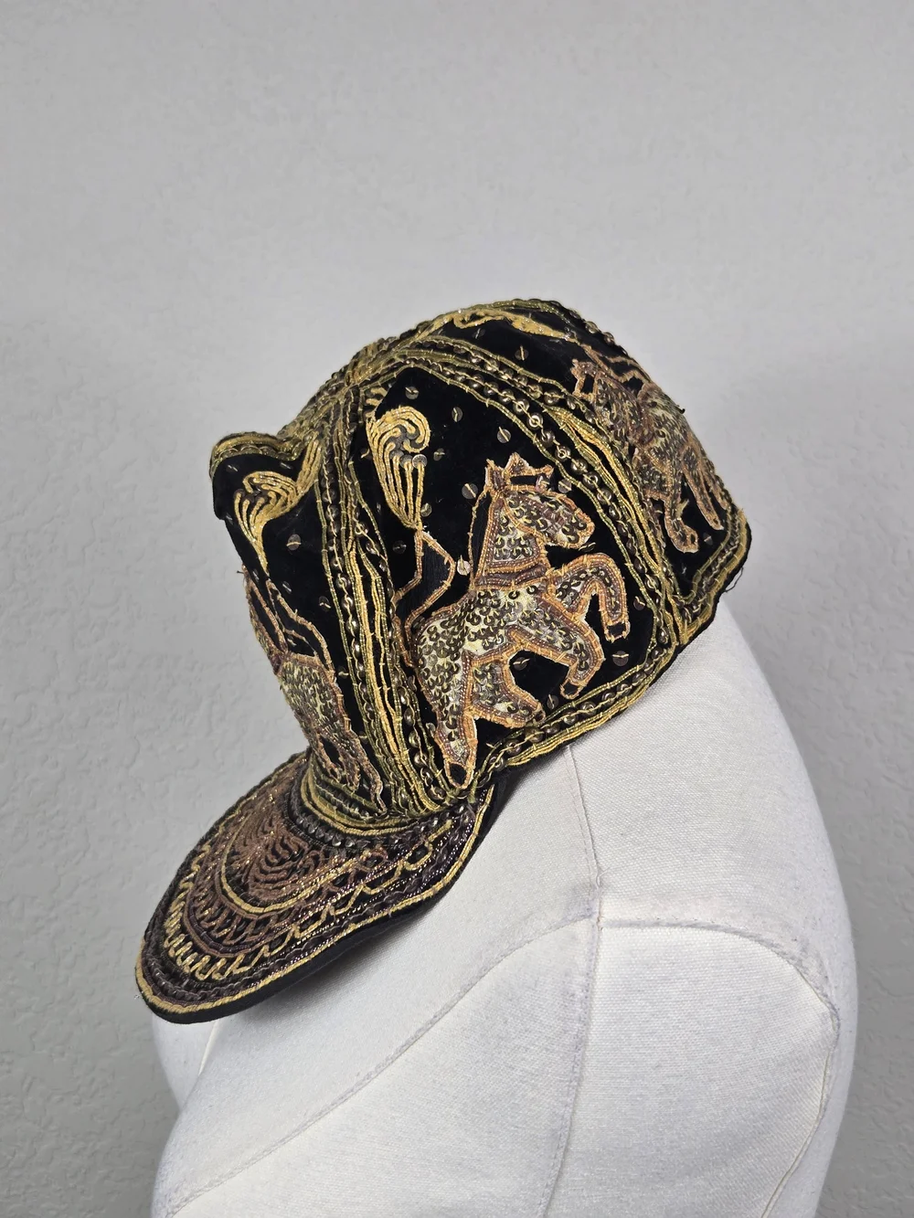 Vintage 80s Thai Velvet Embroidered Sequin Horse Equestrian Artisan Baseball Cap