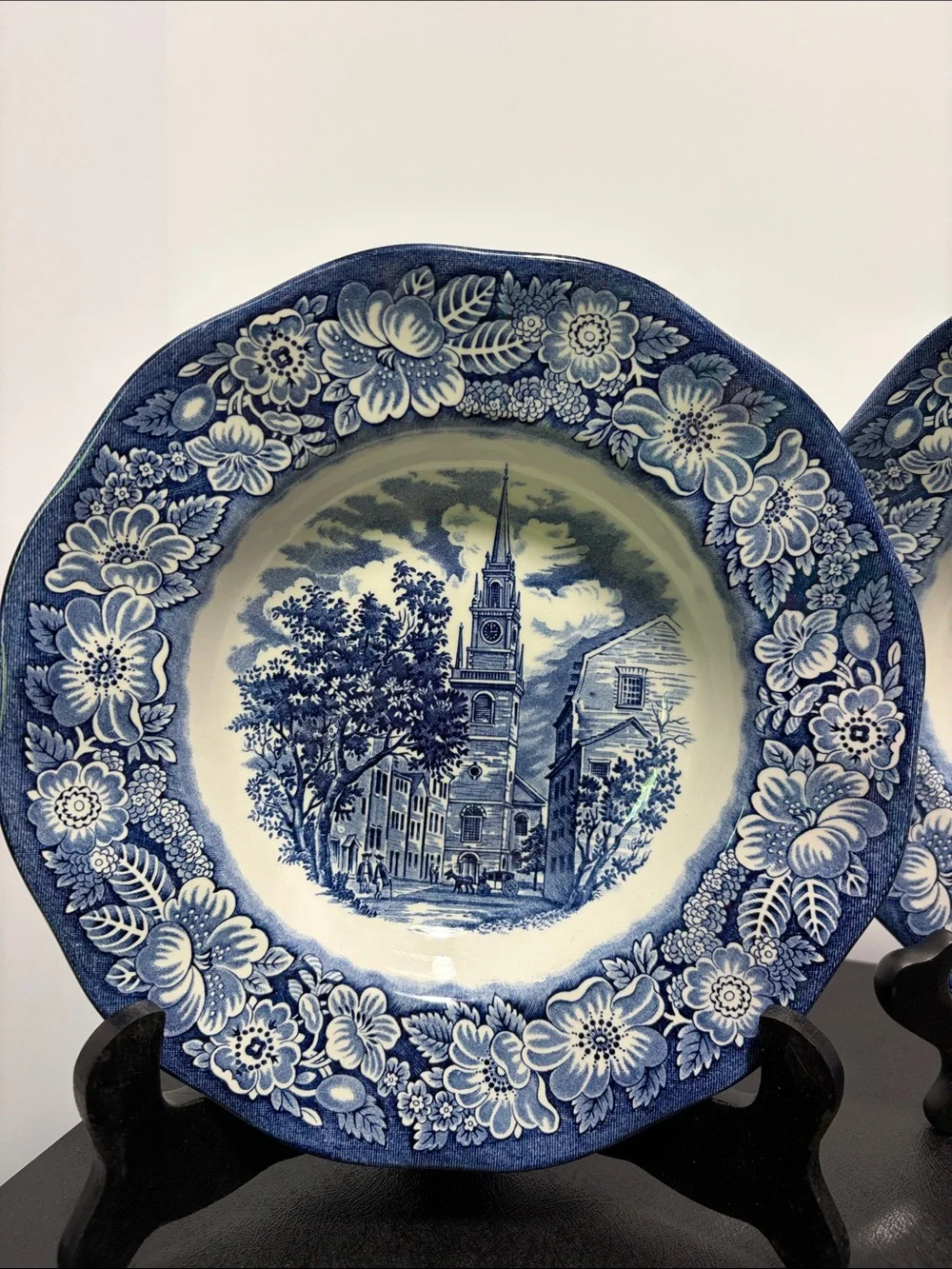 2 Liberty Blue 8.75” Floral Scenic rimmed soup bowls Old North Church vintage