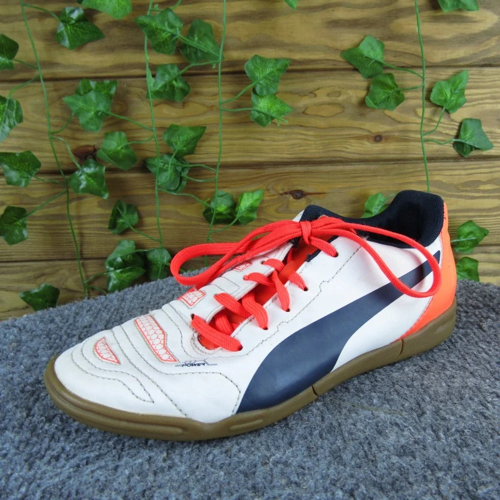 Puma evoPOWER 4‎ White Orange Indoor Soccer Shoes Boys Size 3 GripTex Comfort