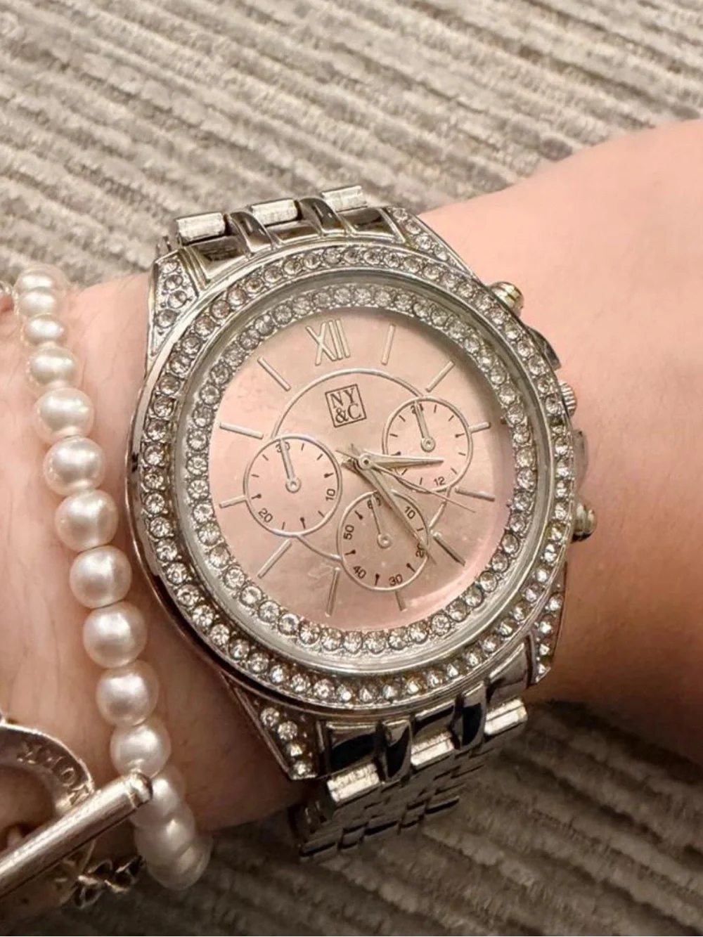 New York & Company Silver Bracelet Watch with Rose Gold Dial and Crystal Bezel