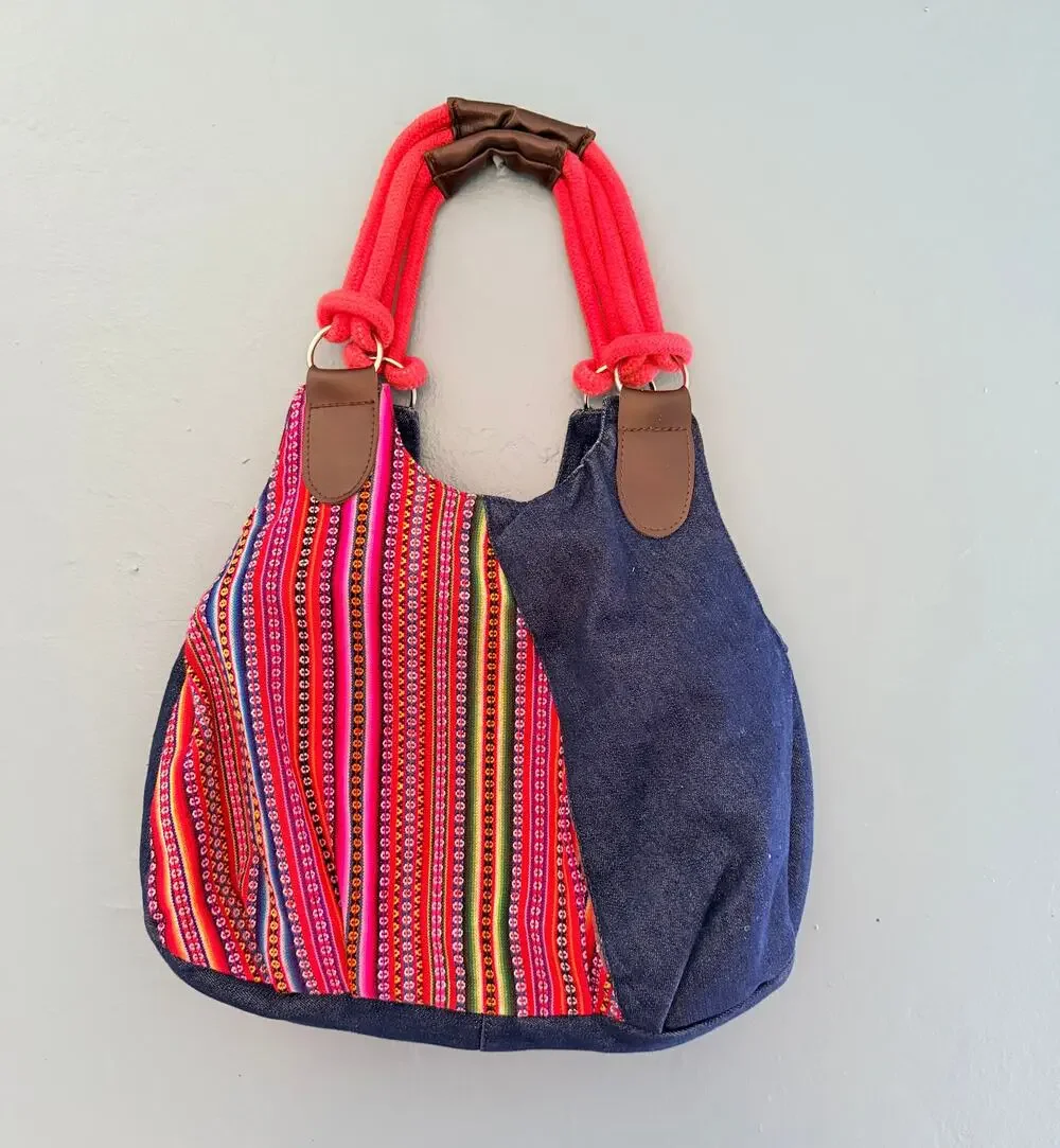Handmade Peruvian Andean Textile Denim Hobo Bag Bright Woven Stripe Rope Handle