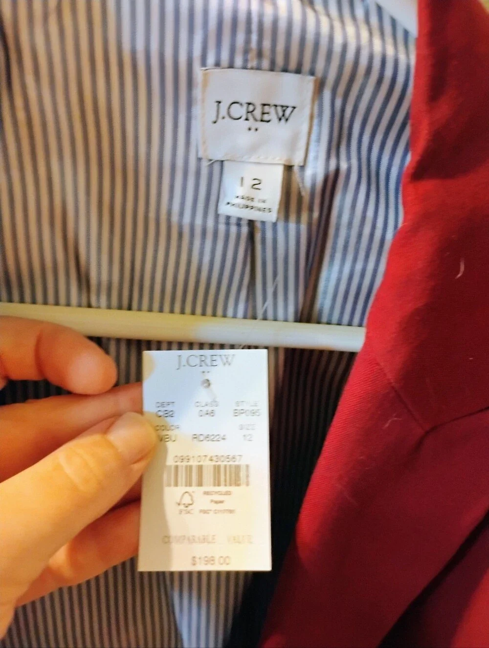 NWT $198 J Crew Red Two Button Blazer Size 12