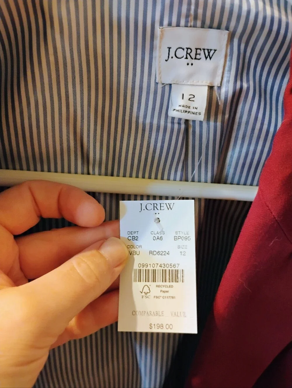 NWT $198 J Crew Red Two Button Blazer Size 12