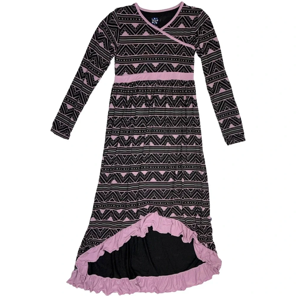 KicKee Pants Girls 14 16 Long Sleeve Bamboo‎ Dress Gray Purple Hi Low Ruffled