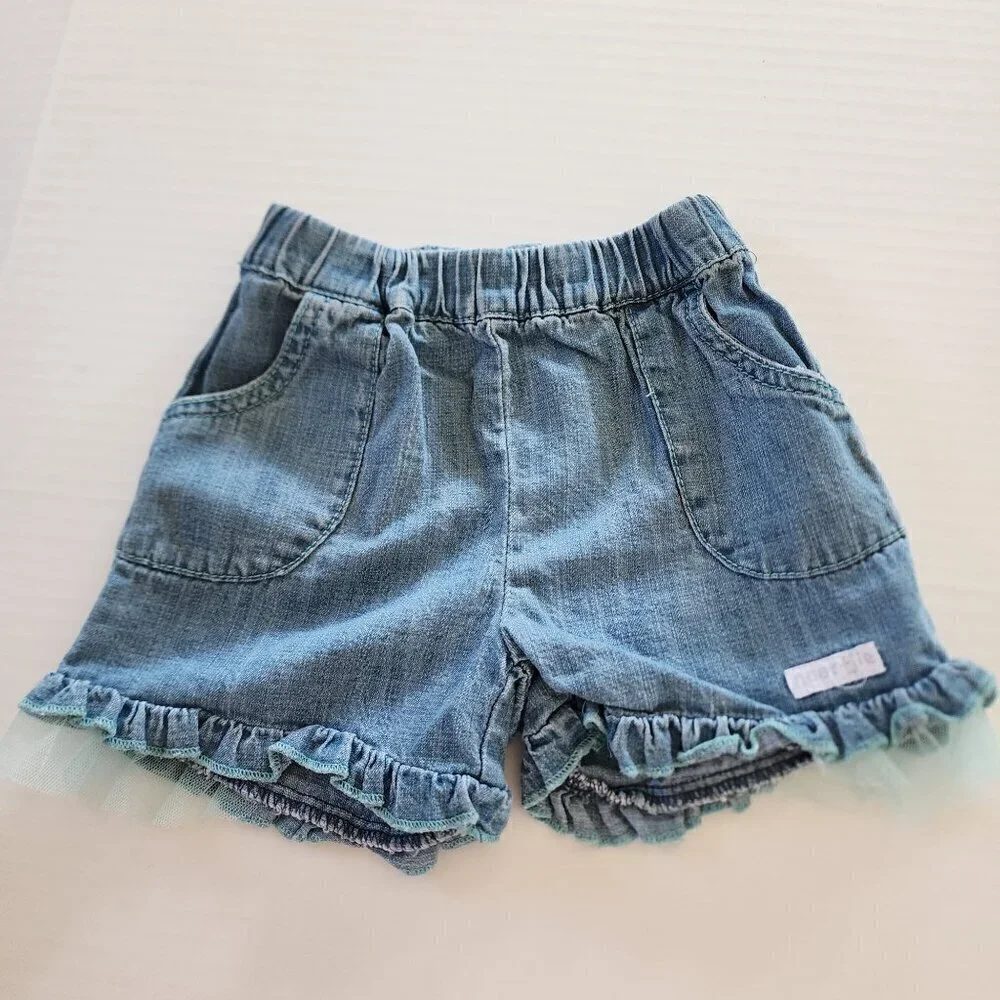 Naartjie outfit New top 18-24 and denim shorts 2 T Blue white tulle ruffle