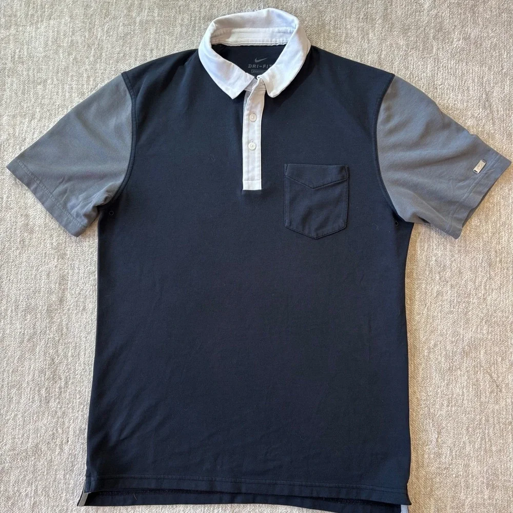 Nike Polo Shirt Mens M Black Grey Colorblock Dri-FIT Short Sleeve Golf Office‎