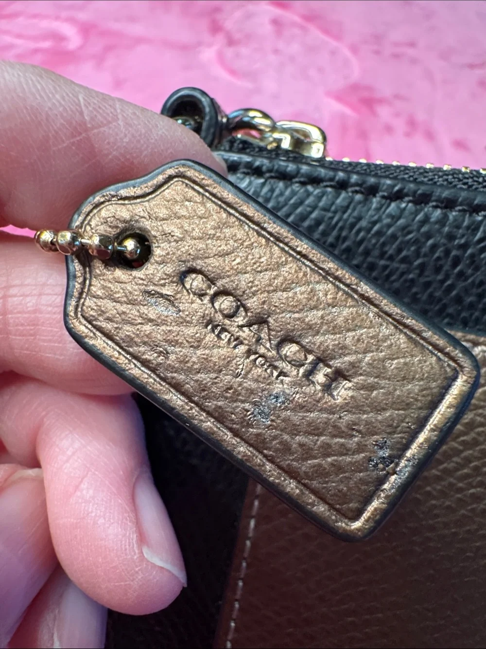 Coach Metallic Bronze & Black Leather Wristlet – Zip Pouch – 6.5 x 4.25