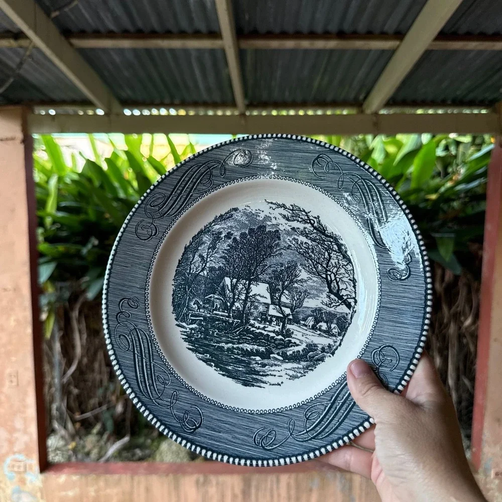 Cavalier Ironstone Royal China USA 3 Pieces Set Navy Transferware Vintage Plates