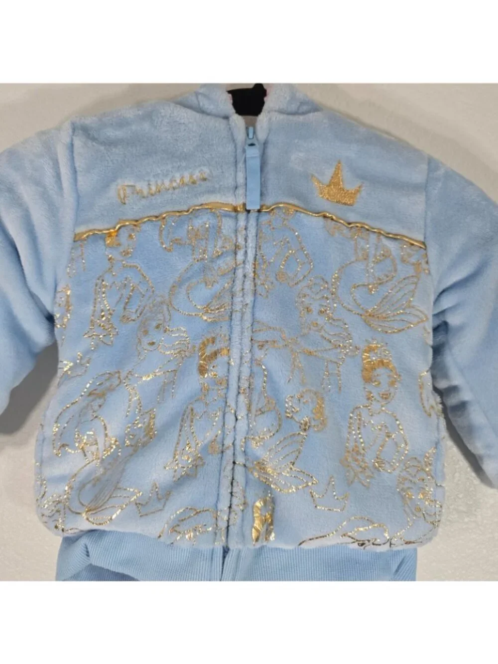 Disney Princess Plush Hooded Jacket Toddler 4T Blue Gold Fleece Lined Warm