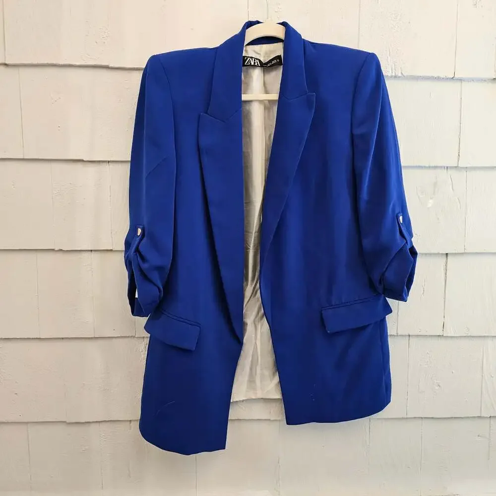 Zara Royal Blue Open Front Blazer Ruched Sleeve Career Jacket Women's S