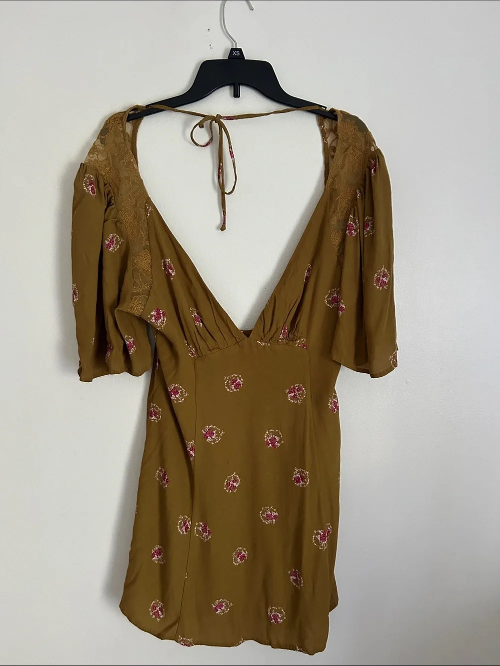 Free People Brown Comb Floral Deep V Mini Dress