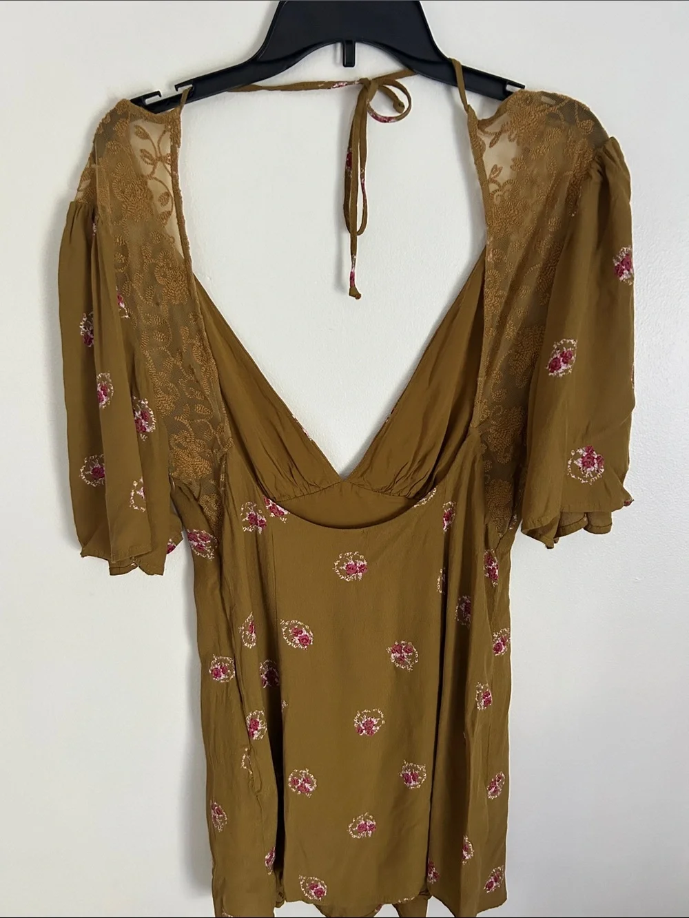 Free People Brown Comb Floral Deep V Mini Dress