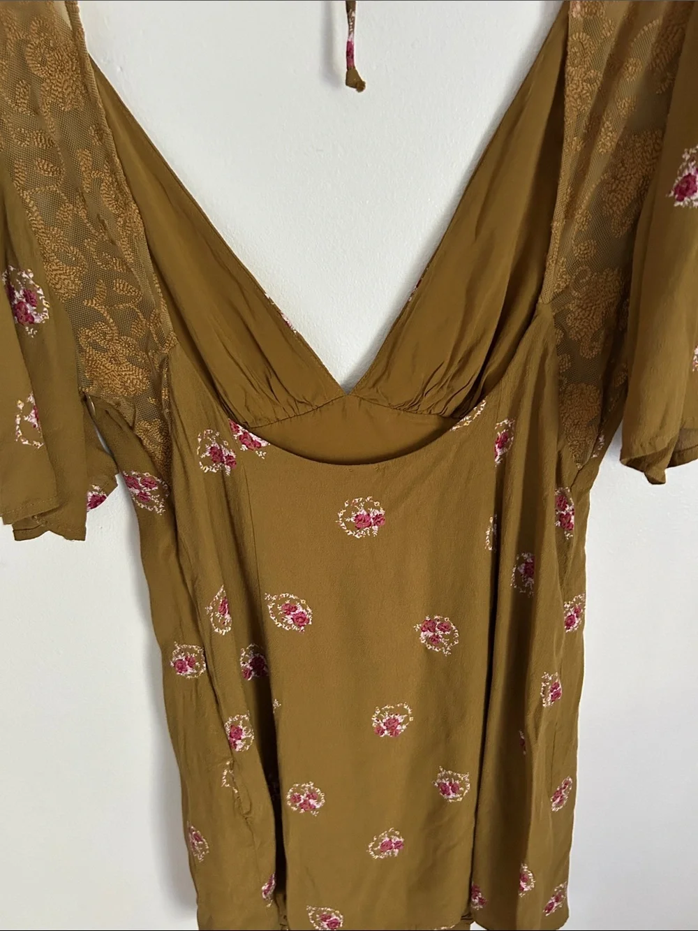 Free People Brown Comb Floral Deep V Mini Dress