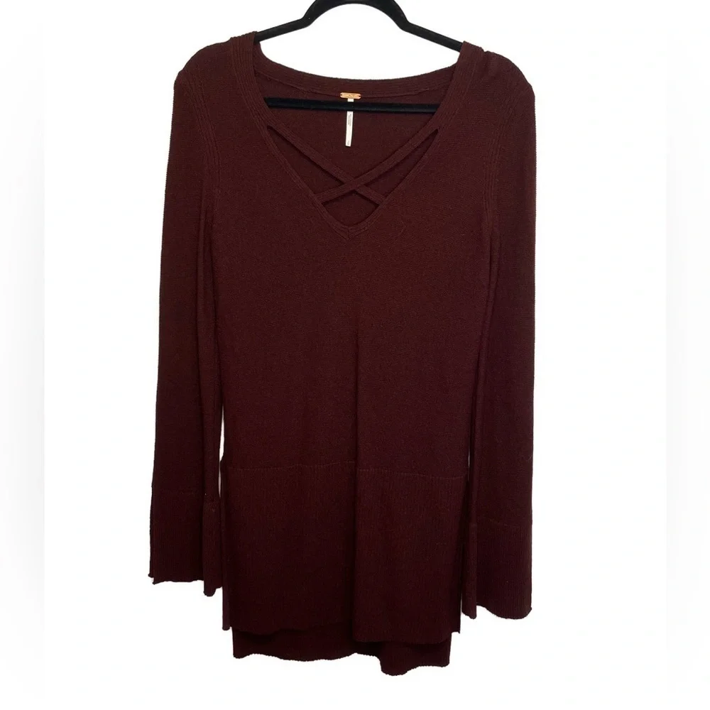 Free People Burgundy Criss Cross Sweater Tunic Sz S