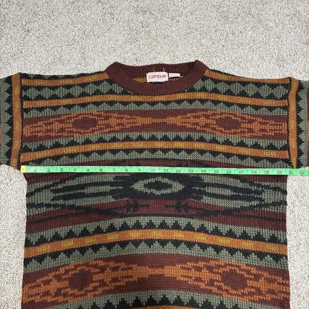 Vintage Campus Grandpa Sweater Men’s Medium - Green Brown Aztec Geometric 80s