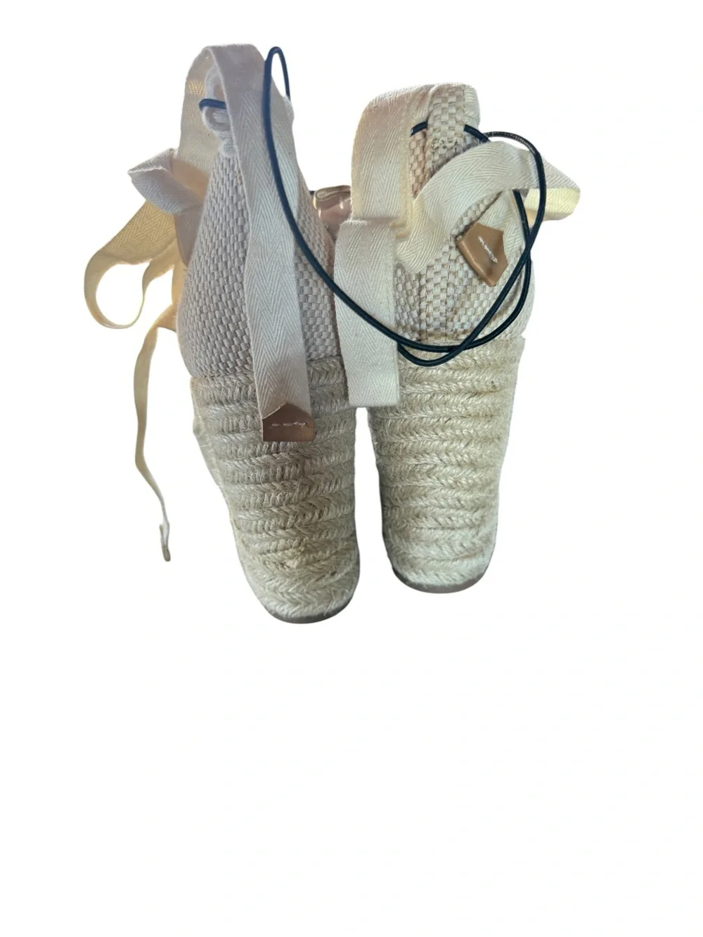 Express Cream Canvas Espadrille Wedge Sandals with Ankle Wrap
