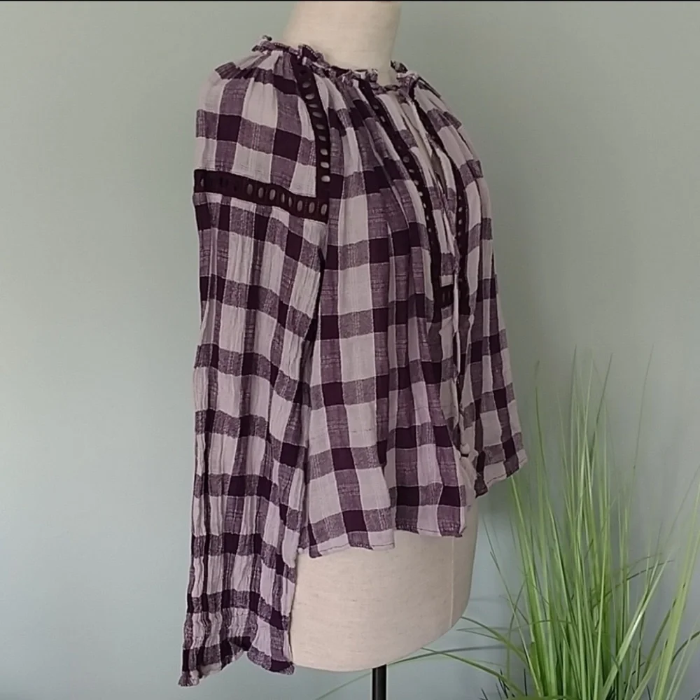 Free People Blouse Peasant Plaid V-Neck Tassel Tie Gauzy Cotton Plum White M NWT