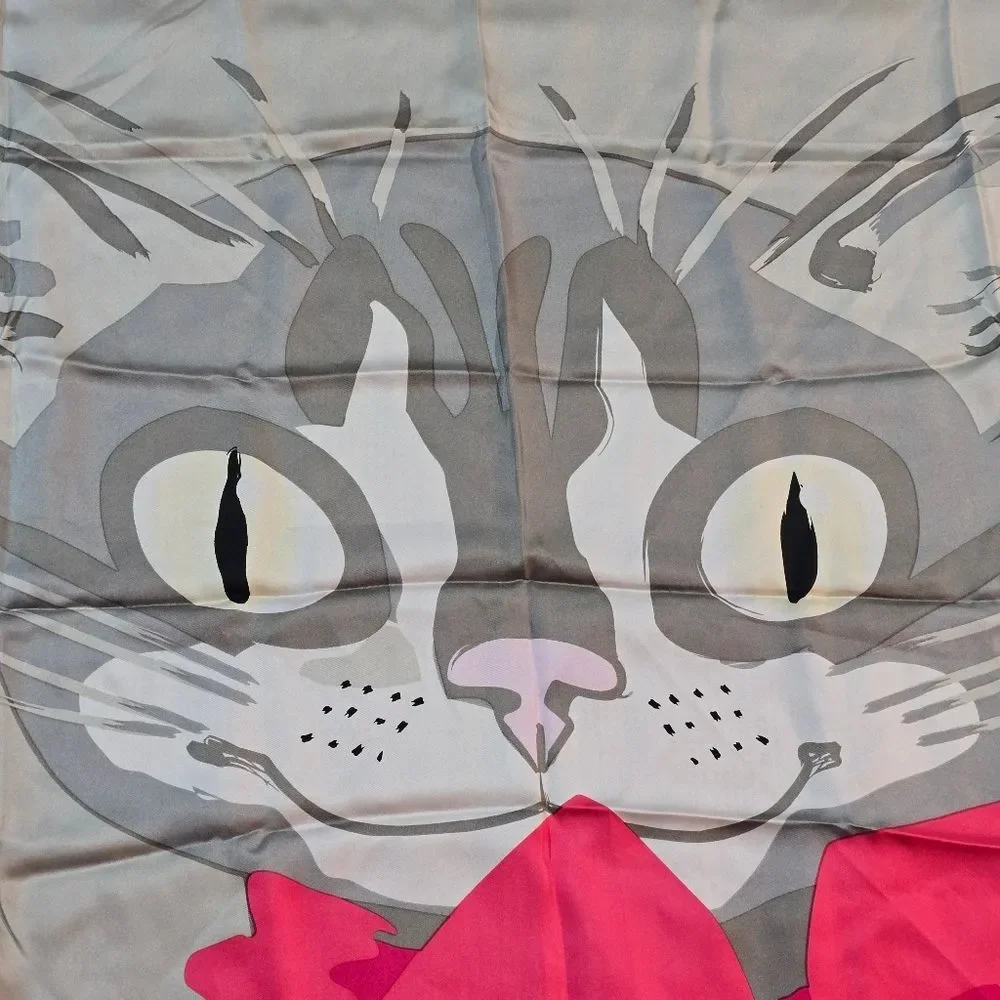 Vintage Very Vollbracht Silk Extra Large Square Scarf Wrap Cat With Bow 41 x 42