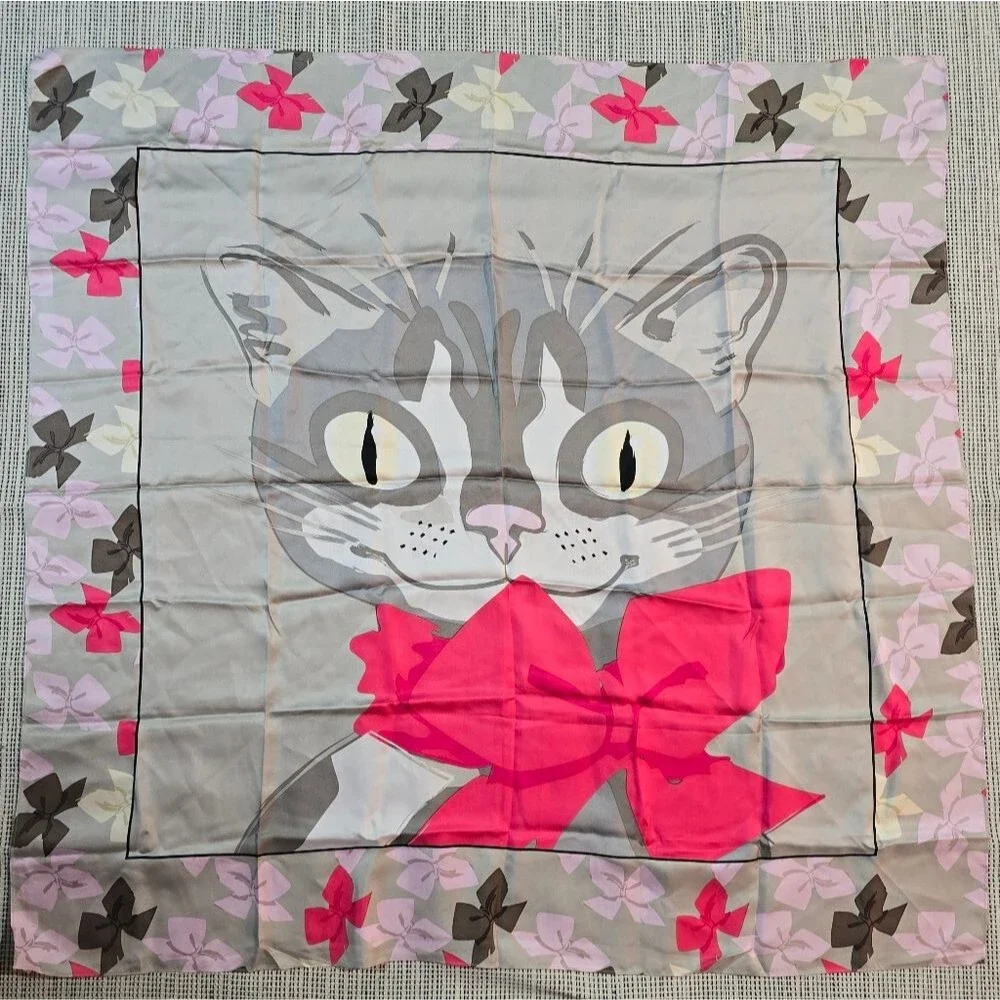 Vintage Very Vollbracht Silk Extra Large Square Scarf Wrap Cat With Bow 41 x 42