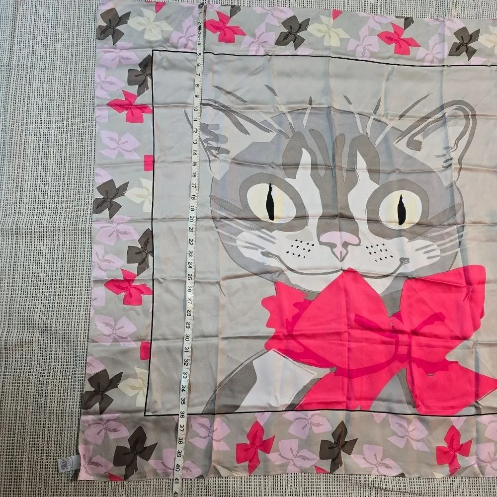 Vintage Very Vollbracht Silk Extra Large Square Scarf Wrap Cat With Bow 41 x 42