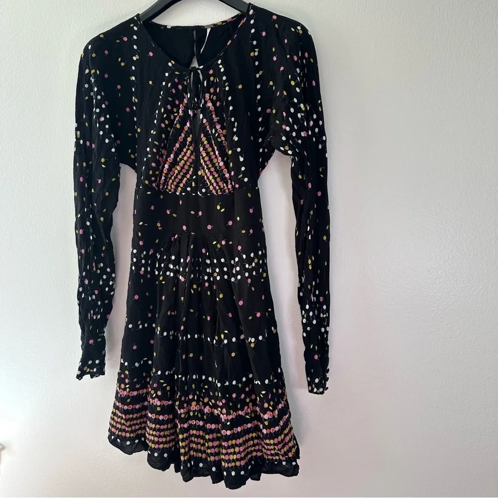 Free People Coryn Mini Dress Black Printed Open Back Long Sleeve Size 2