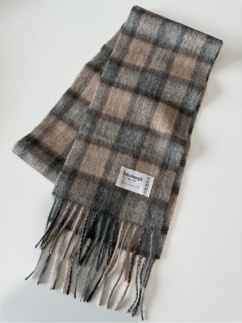 Edinburgh Plaid 100% Lambswool Fringed Scarf Tan Gray 6-1/4” x 62”