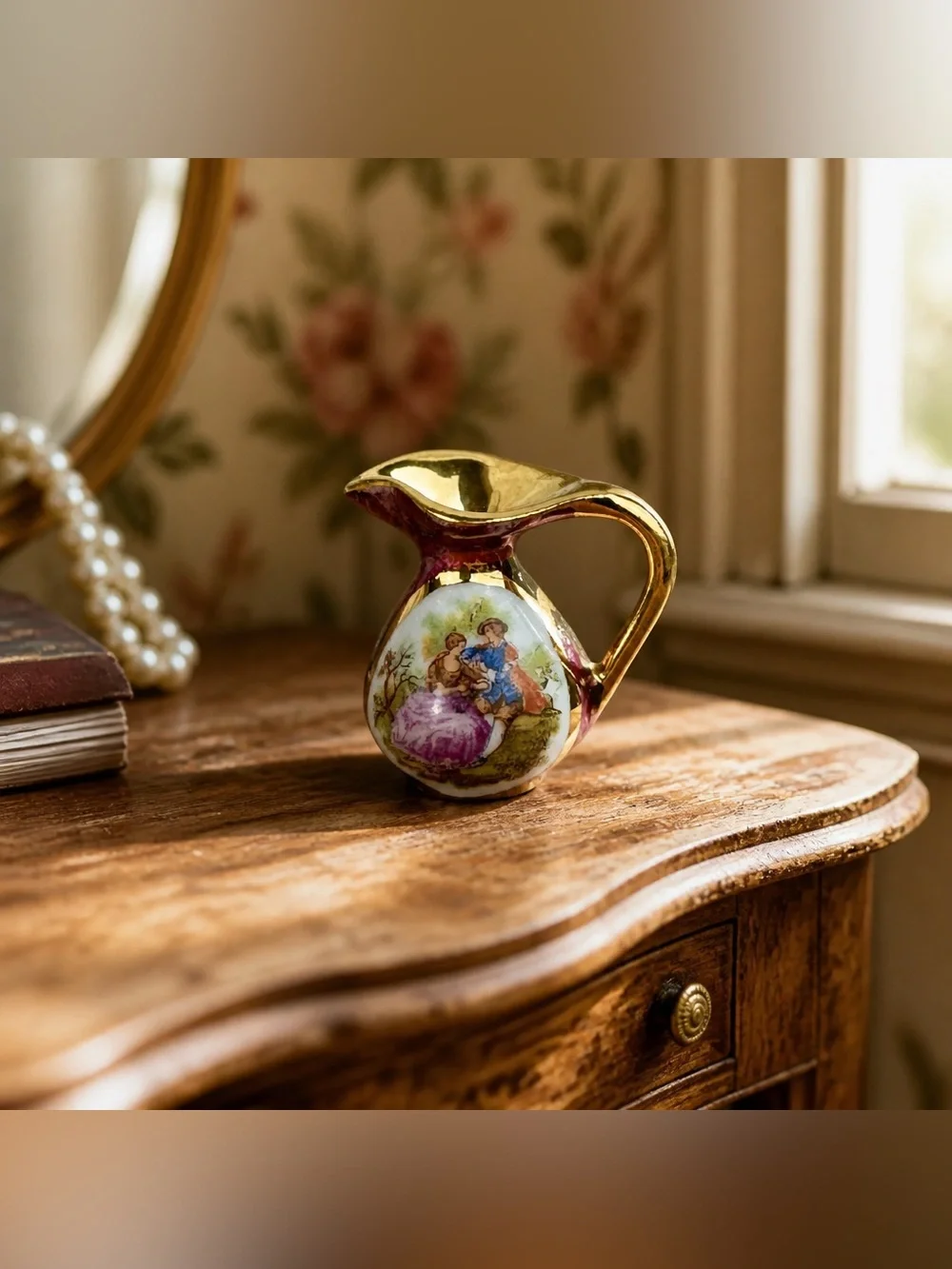 VINTAGE LIMOGES FRANCE Mini Hand Painted Pitcher Burgundy & Gold Collectible