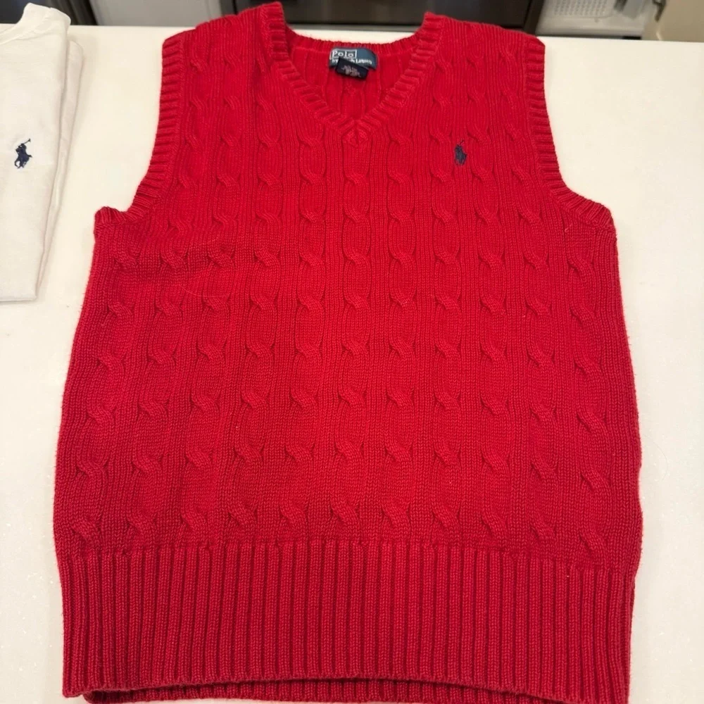 Ralph Lauren Boys 2 PCS Set Red Cotton Cable Knit Vest & White S/S T-Shirt Sz 8